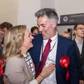 Labour candidate David Skaith celebrates his victory with wife Alice and his team as returning officer Richard Flinton announces the results of the count. Picture: Ernesto Rogata