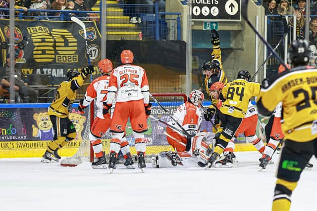 WINNING MOMENT: Nottingham Panthers' Benjamin Corbeil turns away to celebrate after scoring what proved to be the winning power play goal against Sheffield Steelers on Saturday night. Picture: Joshua Day/Panthers Images/EIHL Media.