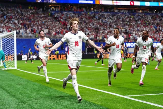 STRIKE ONE: Anthony Gordon celebrates putting England ahead against Argentina at the Atlanta Stadium. Picture: Bradley Collyer/PA