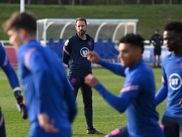 LOOKING AHEAD: Gareth Southgate leads an England football team training session at St George's Park last year. Picture: Paul Ellis/AFP via Getty Images