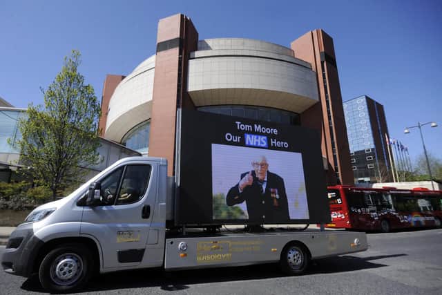 Captain Tom Moore pictured on an electronic board outside the Harrogate Nightingale Hospital.21st April 2019 ..Picture by Simon Hulme 