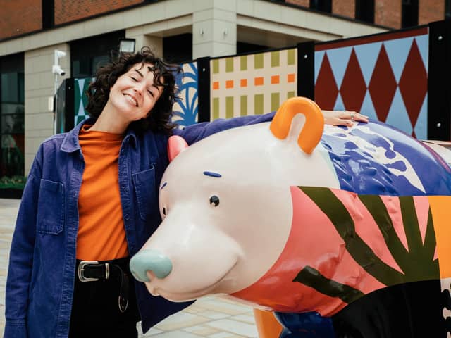 Artist EV Hardaker with SOYO’s Frankie Bear that she designed for the Leeds Bear Trail 2023.