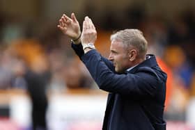 Carlisle United manager Paul Simpson applauds the fans ahead of the Sky Bet League Two play-off semi-final first leg match at the University of Bradford Stadium, Bradford. Picture date: Sunday May 14, 2023. PA Photo. See PA story SOCCER Bradford. Photo credit should read: Richard Sellers/PA Wire.RESTRICTIONS: EDITORIAL USE ONLY No use with unauthorised audio, video, data, fixture lists, club/league logos or "live" services. Online in-match use limited to 120 images, no video emulation. No use in betting, games or single club/league/player publications.