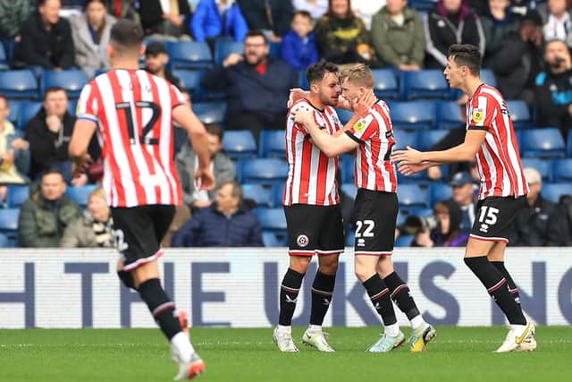 Sheffield United players celebrate their side's first goal of the game, scored by Sheffield United's Iliman Ndiaye (not pictured) during the Sky Bet Championship match at The Hawthorns, West Bromwich. Picture: Bradley Collyer/PA Wire.
