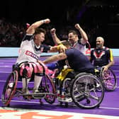Tom Halliwell celebrates scoring the winning try in the Wheelchair Rugby League World Cup final. (Photo by Charlotte Tattersall/Getty Images for RLWC)