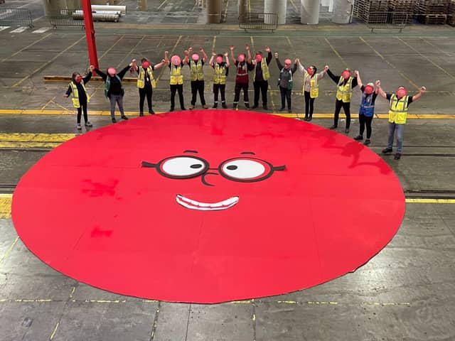 CorrBoard colleagues with the finished giant red nose