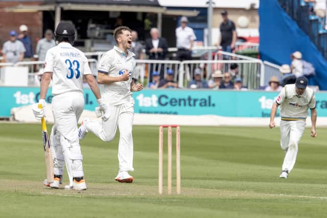 Howzat: Ben Coad celebrates taking his third wicket of Sussex's first innings as Yorkshire put themselves in a strong position in the early going at Hove (Picture: John Heald Photography)