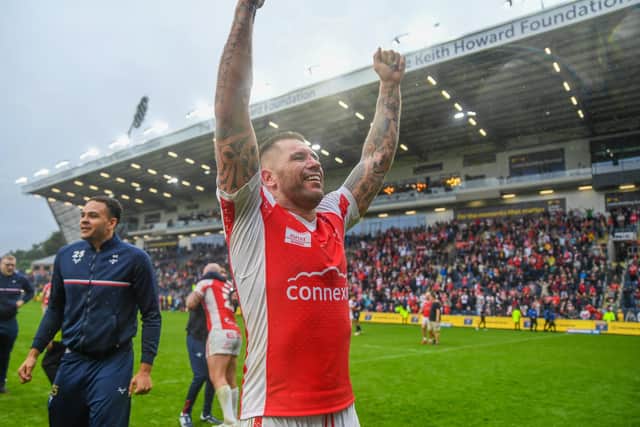 Shaun Kenny Dowall celebrates the Challenge Cup semi-final victory over Wigan. (Photo: Olly Hassell/SWpix.com)