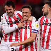 ON TARGET: Stoke City's Phil Jagielka (centre) celebrates scoring the opening goal during against Huddersfield Town at the bet365 Stadium. Picture: Mike Egerton/PA