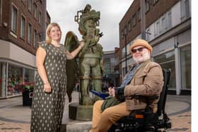 Artist Jason Wilsher-Mills and Michelle Collins, Wakefield Council\'s cabinet member for culture, leisure and sport pictured with the \'Amazon love God\' statue