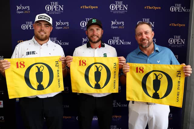 Bound for Troon: Wakefield's Dan Bradbury, left, along with Joburg Open winner Dean Bermester of South Africa centre and Darren Fichardt of South Africa, right, following their qualification for the 2024 Open at Royal Troon (Picture: Luke Walker/Getty Images)
