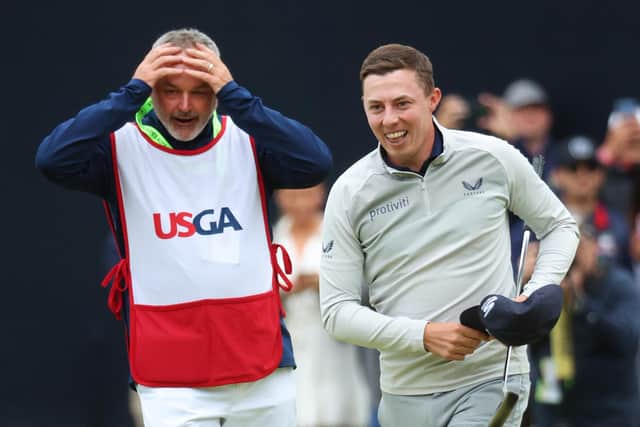 Major relief: Matt Fitzpatrick of England celebrates with caddie Billy Foster after winning on the 18th green during the final round of the 122nd U.S. Open Championship at The Country Club on June 19, 2022 in Brookline, Massachusetts. (Picture: Andrew Redington/Getty Images)