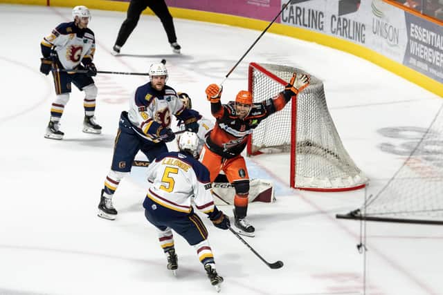 DOUBLE DELIGHT: Sheffield Steelers' Daniel Ciampini celebrates Patrick Watling's goal, just seconds before the end of the first period. Picture: Tony Johnson.