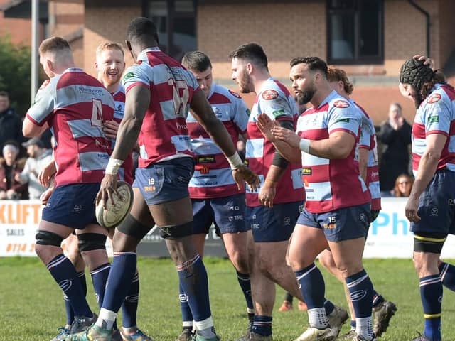 The comeback trail: Rotherham Titans celebrate a try against Hull Ionians during a run of form that has put them on a collision course with Leeds Tykes. (Picture: Kerrie Beddows/Rotherham Advertiser)