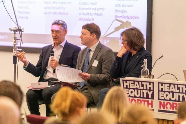 (from left) Lord Jim O’Neill, Honorary Chair of Economics at University of Manchester and former Commercial Secretary to the Treasury, Greg Wright of The Yorkshire Post and Professor Clare Bambra, HEN Academic Director, Professor of Public Health at Newcastle University and author of Health for Wealth