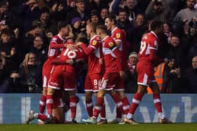 MANIN MAN: Middlesbrough's Matt Crooks (hidden) is mobbed by team-mates after scoring his side's first goal against hosts Birmingham City at St. Andrew's Picture: Tim Goode/PA
