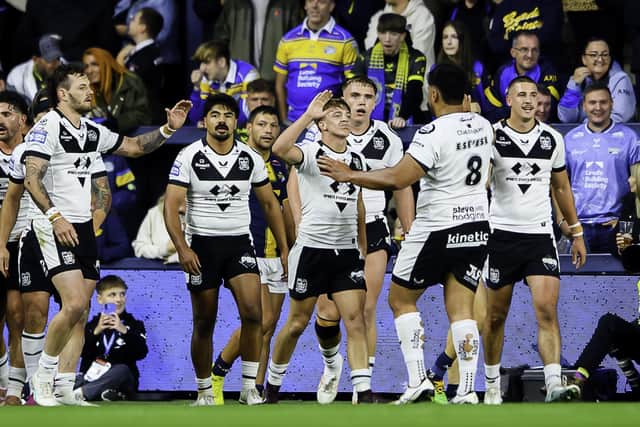 Hull celebrate Logan Moy's first-half try. (Photo: Allan McKenzie/SWpix.com)