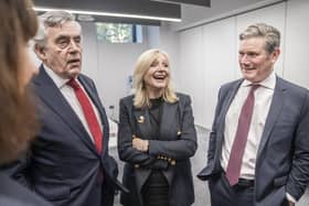 Labour leader Sir Keir Starmer (right), former Prime Minister Gordon Brown (left) and Mayor of West Yorkshire, Tracy Brabin, at Nexus, University of Leeds, in Yorkshire, to launch a report on constitutional change and political reform that would spread power, wealth and opportunity across the UK. Picture date: Monday December 5, 2022.