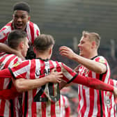 Sunderland's Ross Stewart celebrates scoring the opening goal with his team mates during the Sky Bet Championship match at the Stadium of Light, Sunderland. Picture date: Sunday January 22, 2023. PA Photo. See PA story SOCCER Sunderland. Photo credit should read: Owen Humphreys/PA Wire.RESTRICTIONS: EDITORIAL USE ONLY No use with unauthorised audio, video, data, fixture lists, club/league logos or "live" services. Online in-match use limited to 120 images, no video emulation. No use in betting, games or single club/league/player publications.