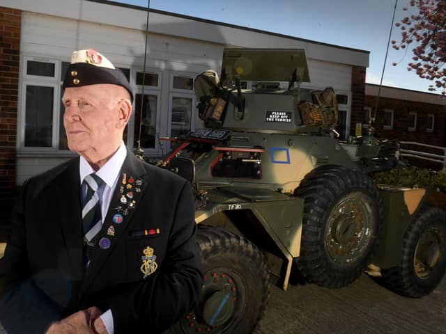 Veterans from the Royal Hussars (Yorkshire's Cavalry) are to head to Normandy and  Sword Beach to rededicate memorials ahead of this year's 80th anniversary of D-Day. June 6, 1944 Pictured at  Fitzwilliam Centre, Wakefield Road, Pontefract. Brian Finney pictured by the Damalier Feret Scout Car.Picture taken by Yorkshire Post Photographer Simon Hulme