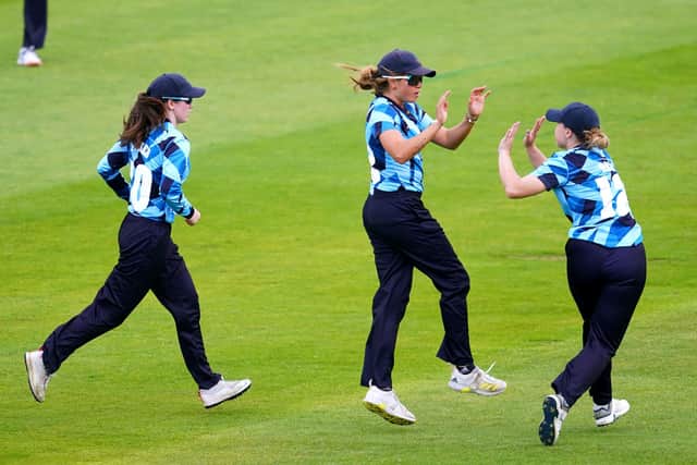 GOT HER: Northern Diamond's Sterre Kalis celebrates after making the catch to take the wicket of Central Sparks' Abigail Freeborn  during the Charlotte Edwards Cup match at Edgbaston Picture: Nick Potts/PA