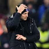 Everton's English manager Frank Lampard gestures on the touchline during the English Premier League football match between West Ham United and Everton at the London Stadium, in London on January 21, 2023. (Photo by GLYN KIRK/AFP via Getty Images)