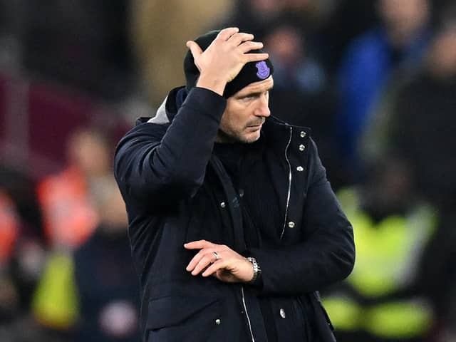 Everton's English manager Frank Lampard gestures on the touchline during the English Premier League football match between West Ham United and Everton at the London Stadium, in London on January 21, 2023. (Photo by GLYN KIRK/AFP via Getty Images)
