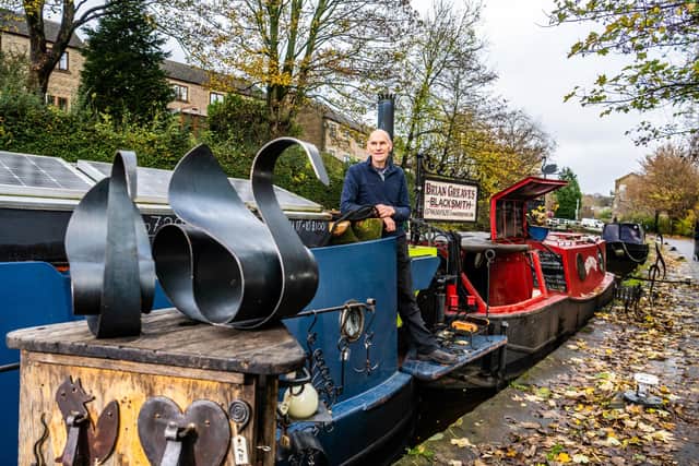 Blacksmith Brian Greaves, 61, of Bradley, Skipton, lives and works from his narrowboat called ' Emily' and barge 'called Bronte' during the year he moves up and down the waterways stopping at his favourite locations like Skipton, where is he until next year.