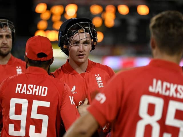 CHESTER-LE-STREET, ENGLAND - AUGUST 30: Harry Brook of England leaves the field after winning the 1st Vitality T20 International between England and New Zealand at Emirates Riverside on August 30, 2023 in Chester-le-Street, England. (Photo by Gareth Copley/Getty Images)