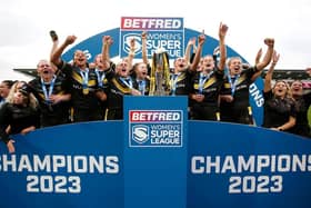 Picture by Ed Sykes/SWpix.com - 08/10/2023 - Rugby League - Betfred Women's Super League Grand Final - York Valkyrie v Leeds Rhinos - LNER Community Stadium, York, England - York Valkyrie celebrate with the Betfred Women’s Super League trophy