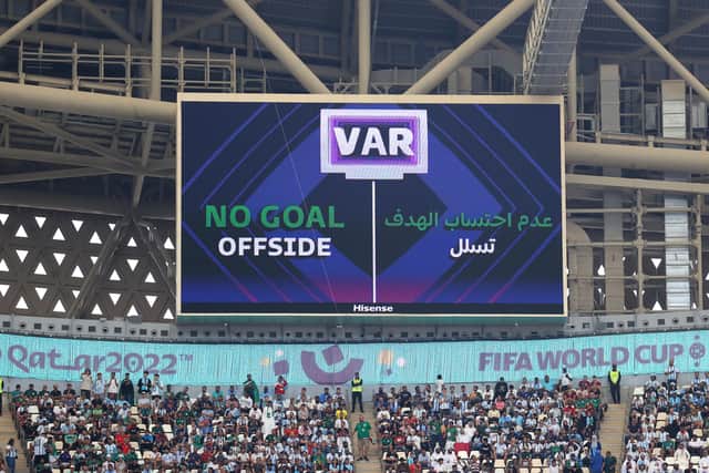 The LED board shows the VAR decision to rule out a goal by Lautaro Martinez due to an offside during the FIFA World Cup Qatar 2022 Group C match between Argentina and Saudi Arabia at Lusail Stadium on November 22, 2022 in Lusail City, Qatar. (Picture: Catherine Ivill/Getty Images)