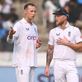 Ben Stokes, right, kept faith with Tom Hartley as the spinner struggled on Test debut as India got away. Photo by Stu Forster/Getty Images.