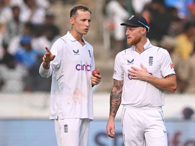 Ben Stokes, right, kept faith with Tom Hartley as the spinner struggled on Test debut as India got away. Photo by Stu Forster/Getty Images.
