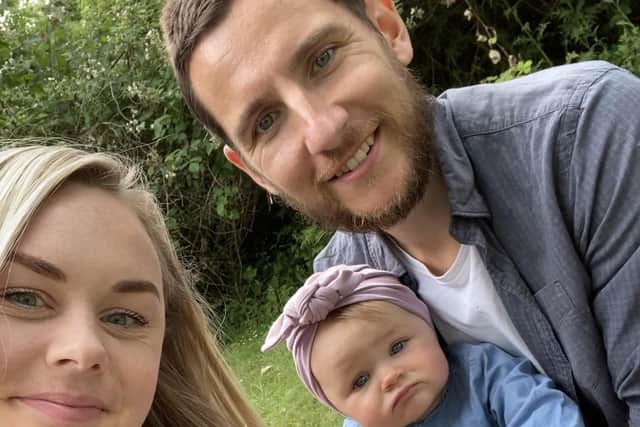 Adam Gray, 33, first visited the doctor in July last year suffering only from abdominal pains which tragically turned out to be a “silent killer” cancer. Pictured is Adam with his wife Christine and their daughter Amelie.