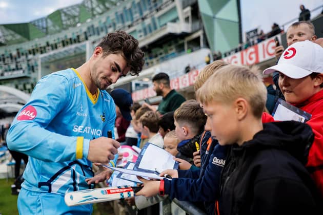 Sign here, please. Jordan Thompson obliges young supporters after Yorkshire's opening night win over Worcestershire in the Vitality Blast. Picture by Alex Whitehead/SWpix.com