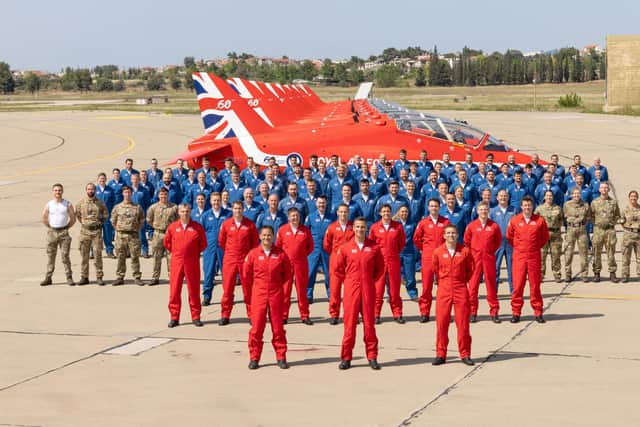 Personnel of the Royal Air Force Aerobatic Team pose for the annual Squadron Photo whilst on Exercise Springhawk 24, Tanagra, Greece