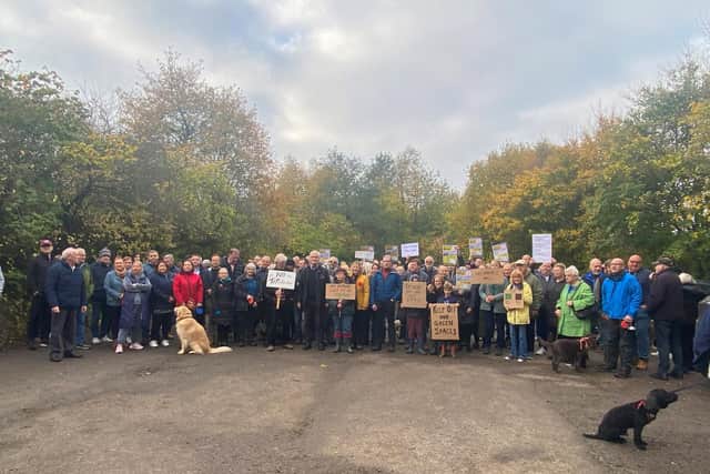 Graham Stuart, Conservative MP for Beverley and Holderness, with residents gathering for a meeting in Ings Road on East Riding of Yorkshire Council plans for a new household waste recycling centre off Grange Way, in Beverley, East Riding of Yorkshire