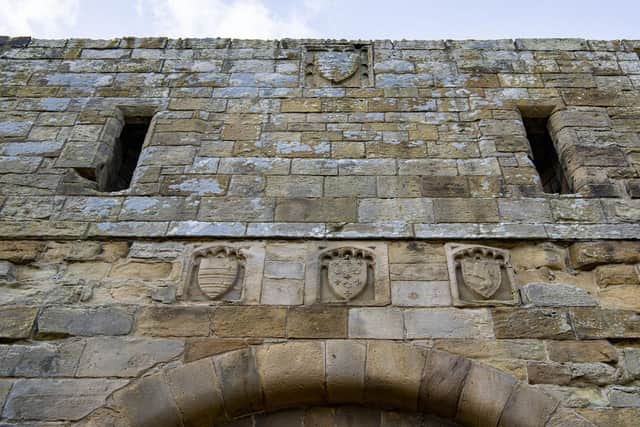 A row of three carved shields which represent the arms of Darcy (centre) flanked by Meynell (right) and Gray (left), the latter reflecting the marriage of Philip Darcy to Elizabeth Gray in the late 14th century at Whorlton Castle. Tony Johnson.