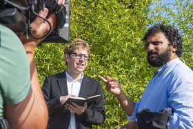 Comedians Josh Widdicombe and Nish Kumar filming Hold the Front Page, a new six-part series following the comical duo's journey into the heart of journalism