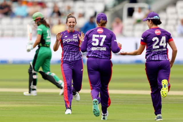 Kate Cross of Northern Superchargers celebrates the wicket of Maia Bouchier during the Hundred final. Photo by Julian Finney/Getty Images.