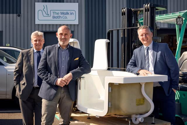 Pictured left to right: Alex McWhirter, chief executive of Finance Yorkshire, Jules Allen of The Walk-In Bath Company, Anthony Cope, investment manager, Finance Yorkshire.  Picture by Shaun Flannery Photography.