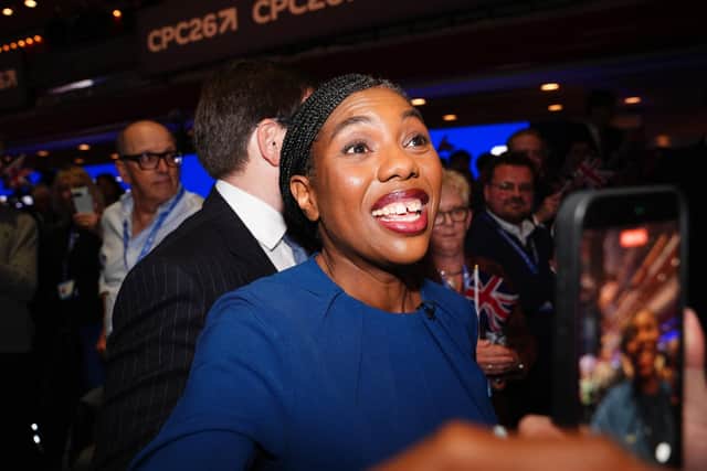 Conservative Party leader Kemi Badenoch leaving the stage after delivering her keynote speech during the Conservative Party conference. PIC: Jacob King/PA Wire