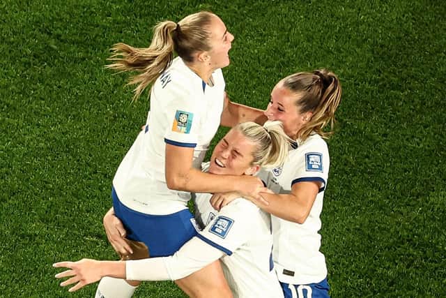 England's forward #23 Alessia Russo (C) celebrates scoring her team's second goal during the Australia and New Zealand 2023 Women's World Cup quarter-final football match between Colombia and England (Picture: DAVID GRAY/AFP via Getty Images)