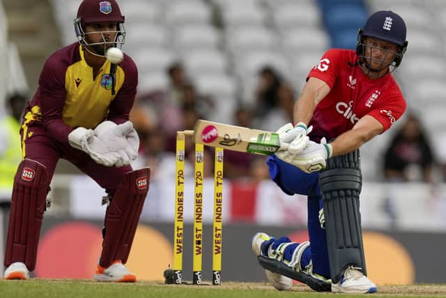 LEADING MAN: England's captain Jos Buttler plays a shot against West Indies during the fourth T20 cricket match at Brian Lara Stadium in Tarouba Picture: AP Photo/Ricardo Mazalan.