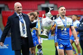 LONDON, ENGLAND - OCTOBER 17: Leeds Rhinos Head Coach Richard Agar and Luke Gale of Leeds Rhinos celebrate with the trophy following the Coral Challenge Cup Final match between Leeds Rhinos and Salford Red Devils at Wembley Stadium on October 17, 2020 in London, England. (Photo by Michael Steele/Getty Images)