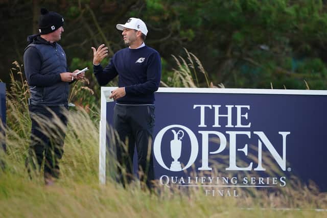 Sergio Garcia and Jamie Donaldson during The Open 2023 Final Qualifying at the West Lancashire Golf Club (Picture:: Peter Byrne/PA Wire.)