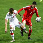 TARGET: Barnsley are interested in loaning Manchester City striker Slobodan Tedic, pictured on the right playing for Serbia Under-21s against Poland