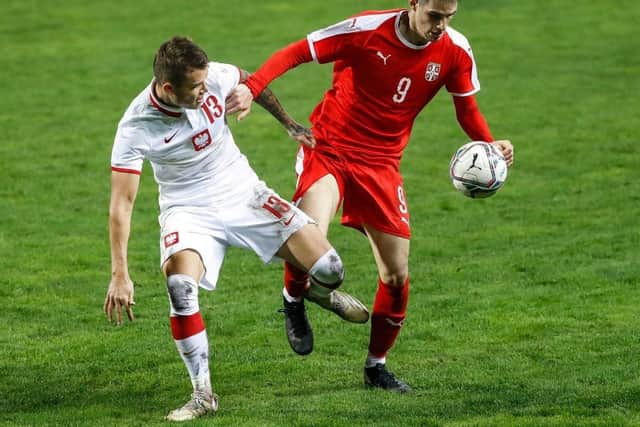 TARGET: Barnsley are interested in loaning Manchester City striker Slobodan Tedic, pictured on the right playing for Serbia Under-21s against Poland
