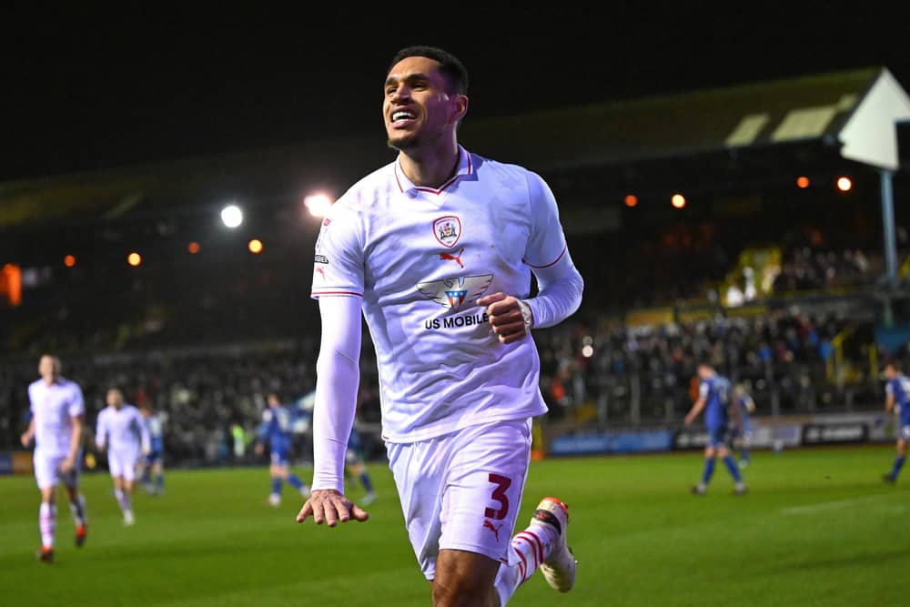 Barnsley player Jon Russell celebrates after scoring the third goal during the Sky Bet League One match with Carlisle United at Brunton Park last March. (Photo by Stu Forster/Getty Images).