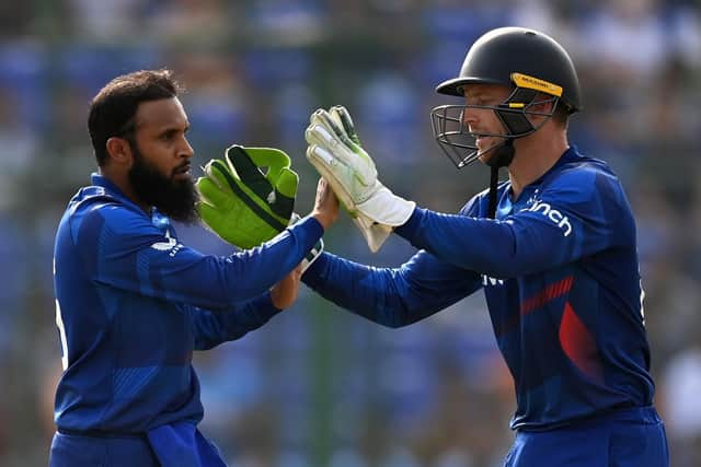 STILL IN THE RUNNING: England's Adil Rashid celebrates the wicket of Afghanistan's Ibrahim Zadran during Sunday's defeat in Delhi Picture: Gareth Copley/Getty Images